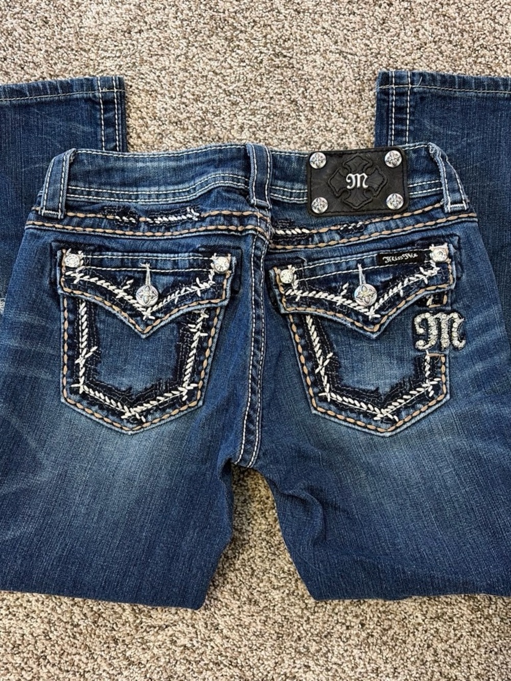 Miss Me Blue Embroidered Cropped Jeans with Dark Accents